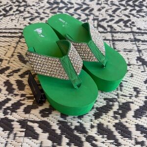 Bright Green and Silver Bedazzled Platform Flip Flops Size 8